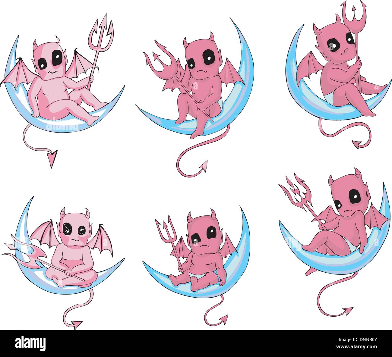 Little devils sur lune. Ensemble de vecteur de couleur illustrations de style dessin animé. Illustration de Vecteur