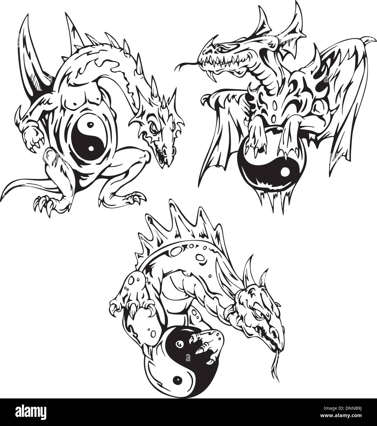 Tatouages Dragon avec signes yin-yang. Série d'illustrations vectorielles. Illustration de Vecteur
