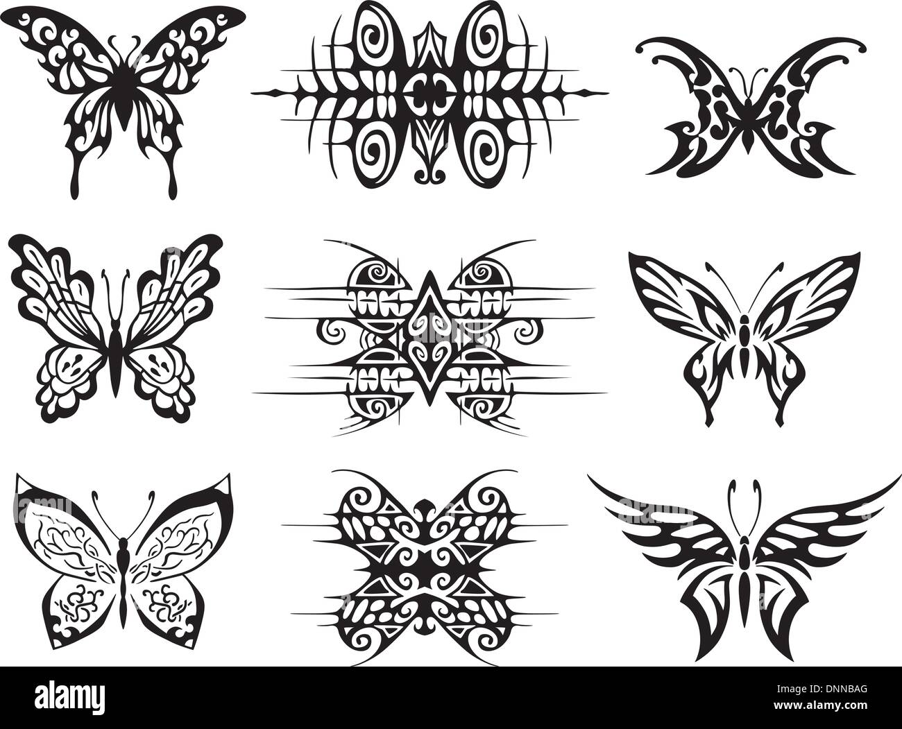 Ensemble de tatouages papillon symétrique. Illustrations vectorielles EPS. Illustration de Vecteur