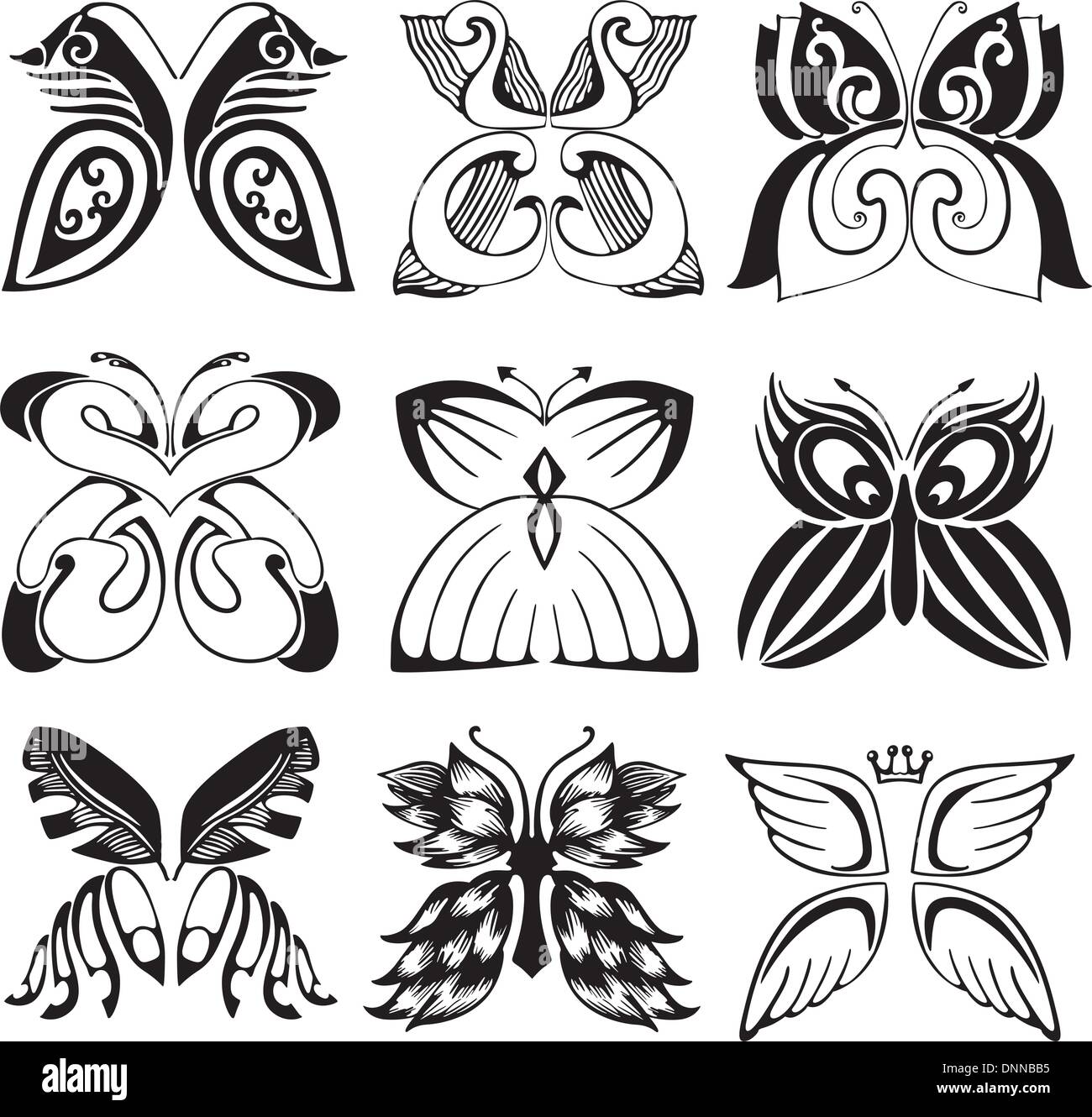 Papillons stylisés. Série d'illustrations vectorielles en noir et blanc. Illustration de Vecteur