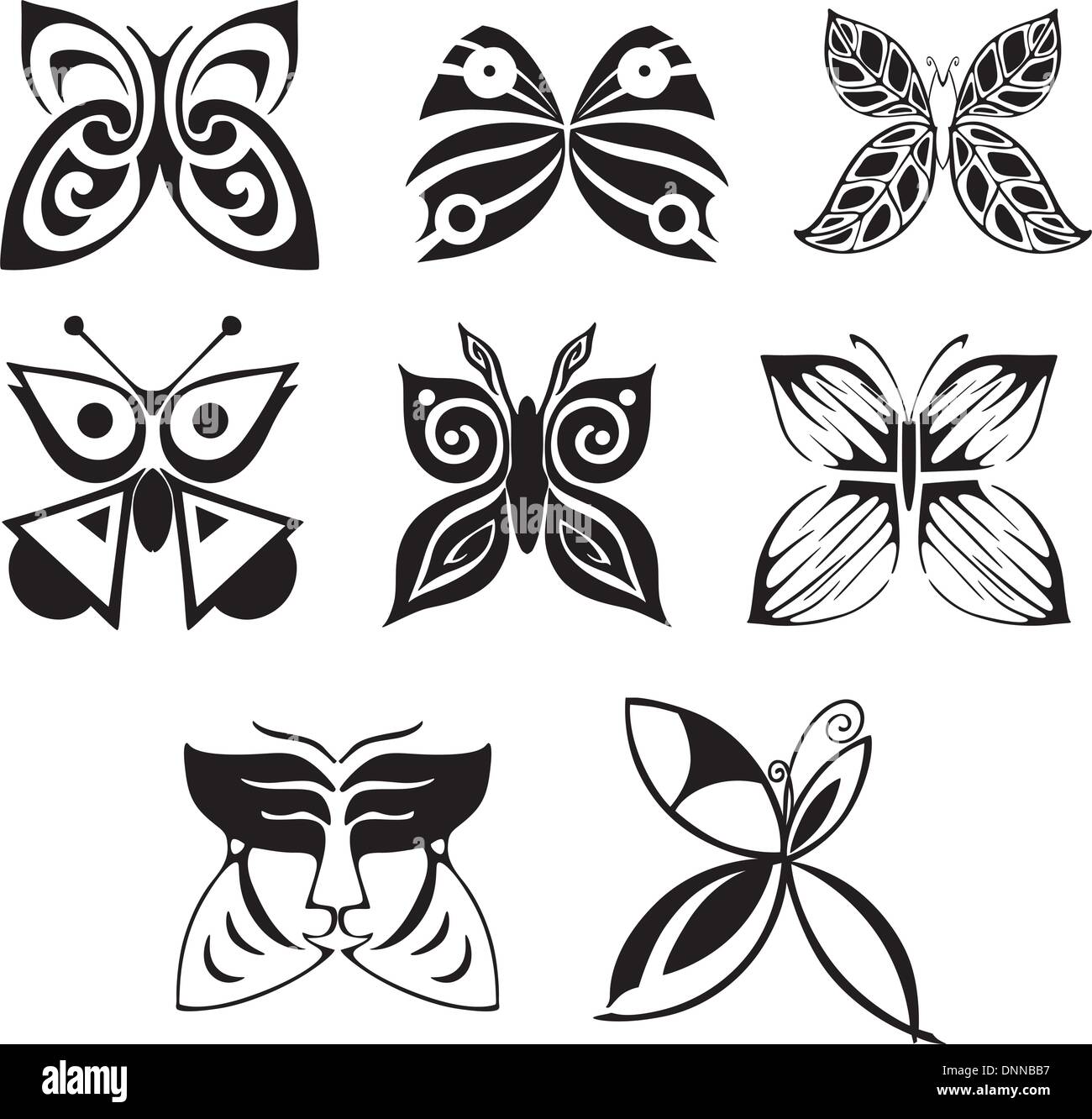 Papillons stylisés. Série d'illustrations vectorielles en noir et blanc. Illustration de Vecteur