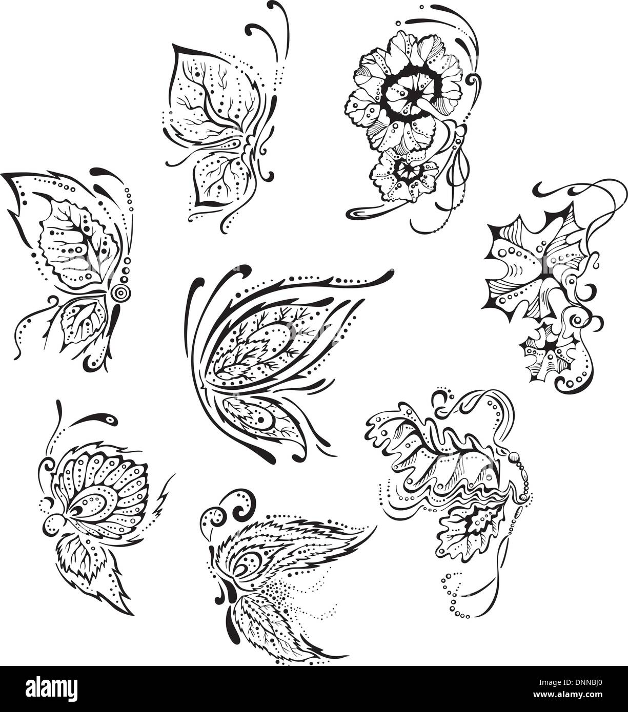 Papillons fleurs ornementales. Mettre du noir et blanc des images vectorielles. Illustration de Vecteur