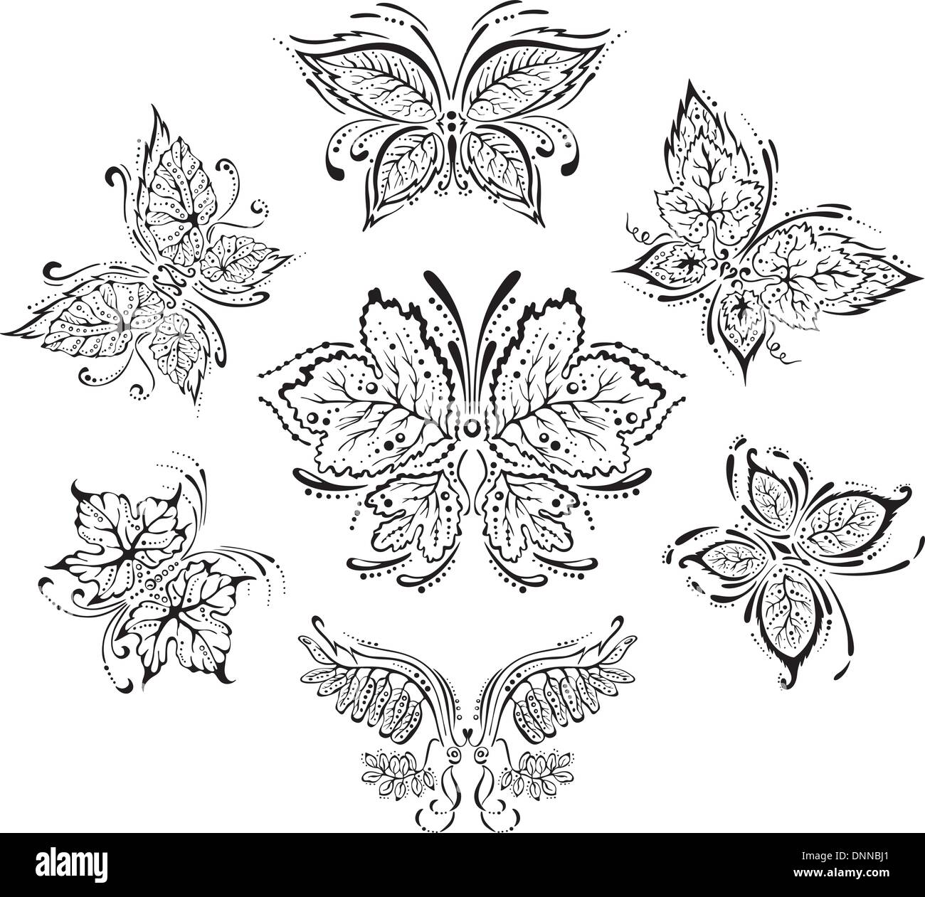 Papillons fleurs symétriques. Ensemble de vecteur noir et blanc des images d'ornement. Illustration de Vecteur