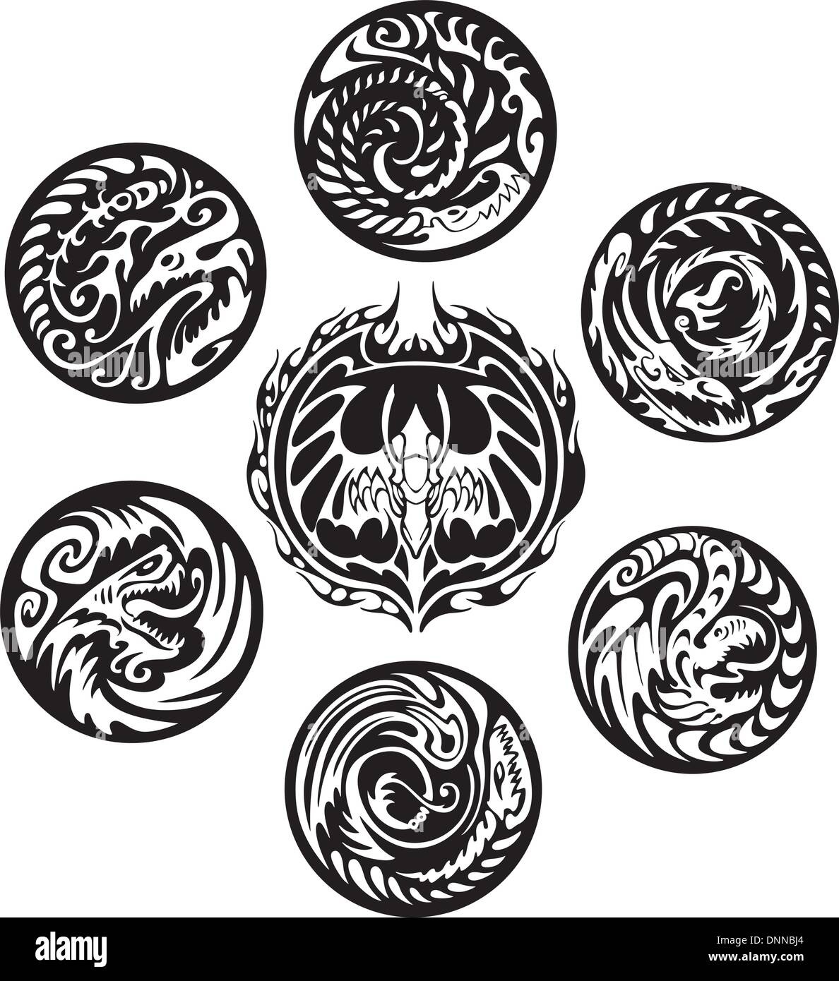 Dessins dragon ronde. Ensemble d'emblèmes vecteur noir et blanc. Illustration de Vecteur