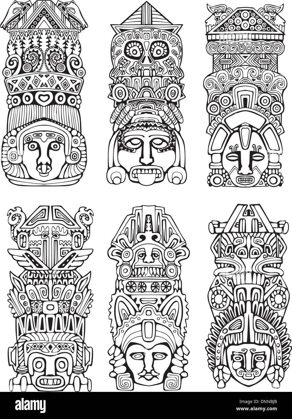 Abstract mesoamerican aztec mâts totémiques. Série d'illustrations vectorielles en noir et blanc. Illustration de Vecteur