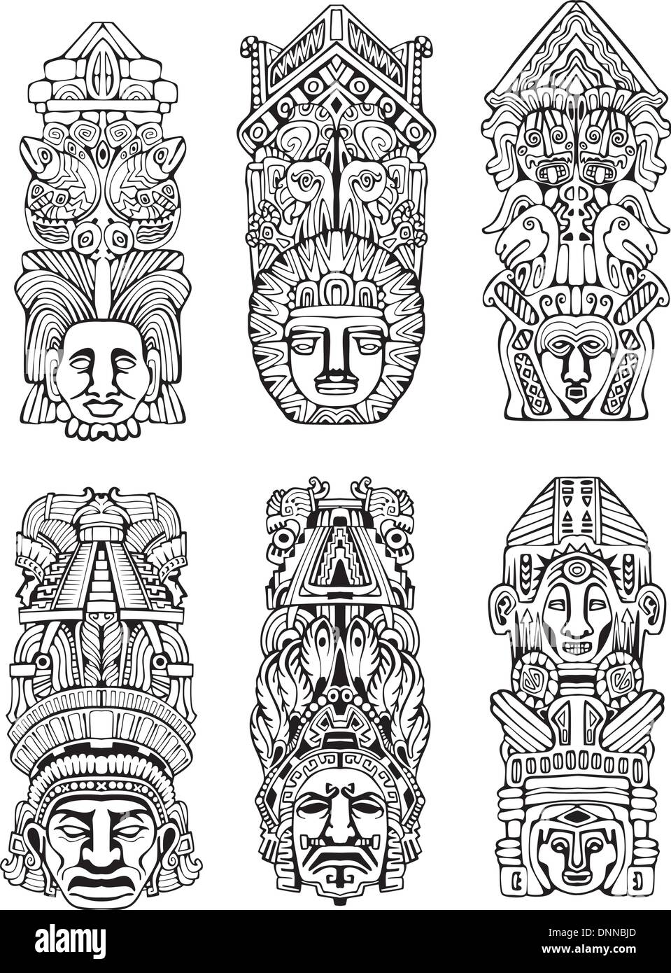 Abstract mesoamerican aztec mâts totémiques. Série d'illustrations vectorielles en noir et blanc. Illustration de Vecteur