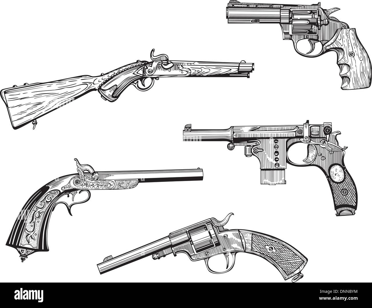 Vector set de vieux revolvers et pistolets. Skethes. Illustration de Vecteur