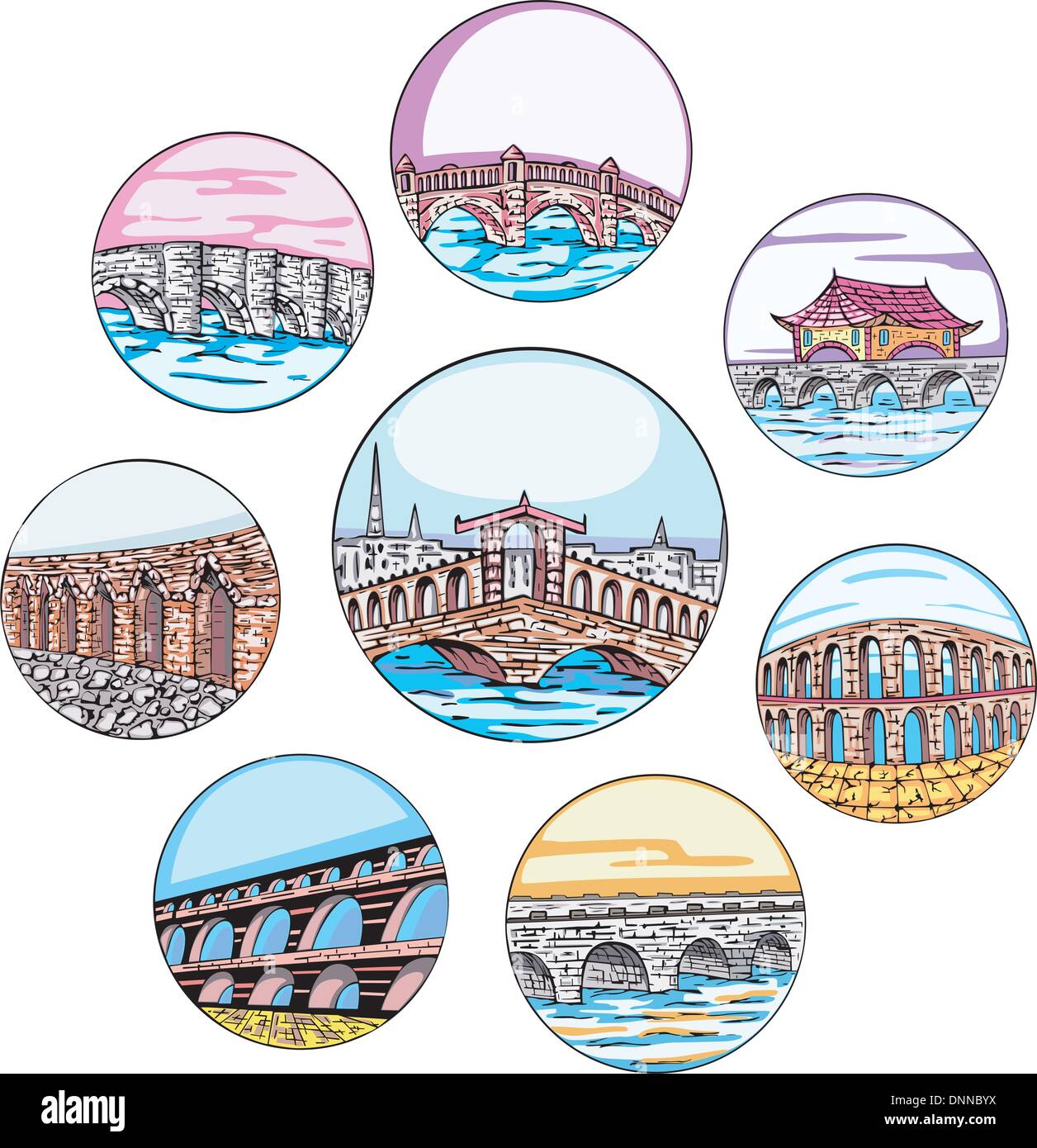 Symboles architecturaux décoratifs avec des ponts et d'aqueducs Illustration de Vecteur