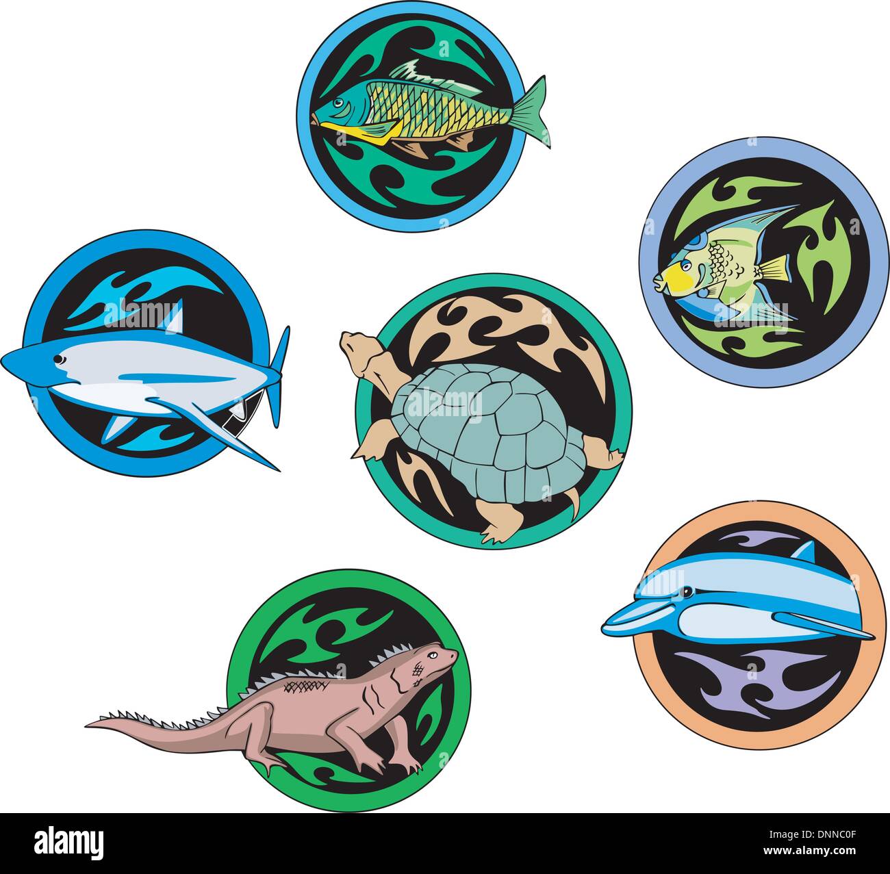 Vector set of decorative round symboles avec divers poissons et reptiles. Illustration de Vecteur