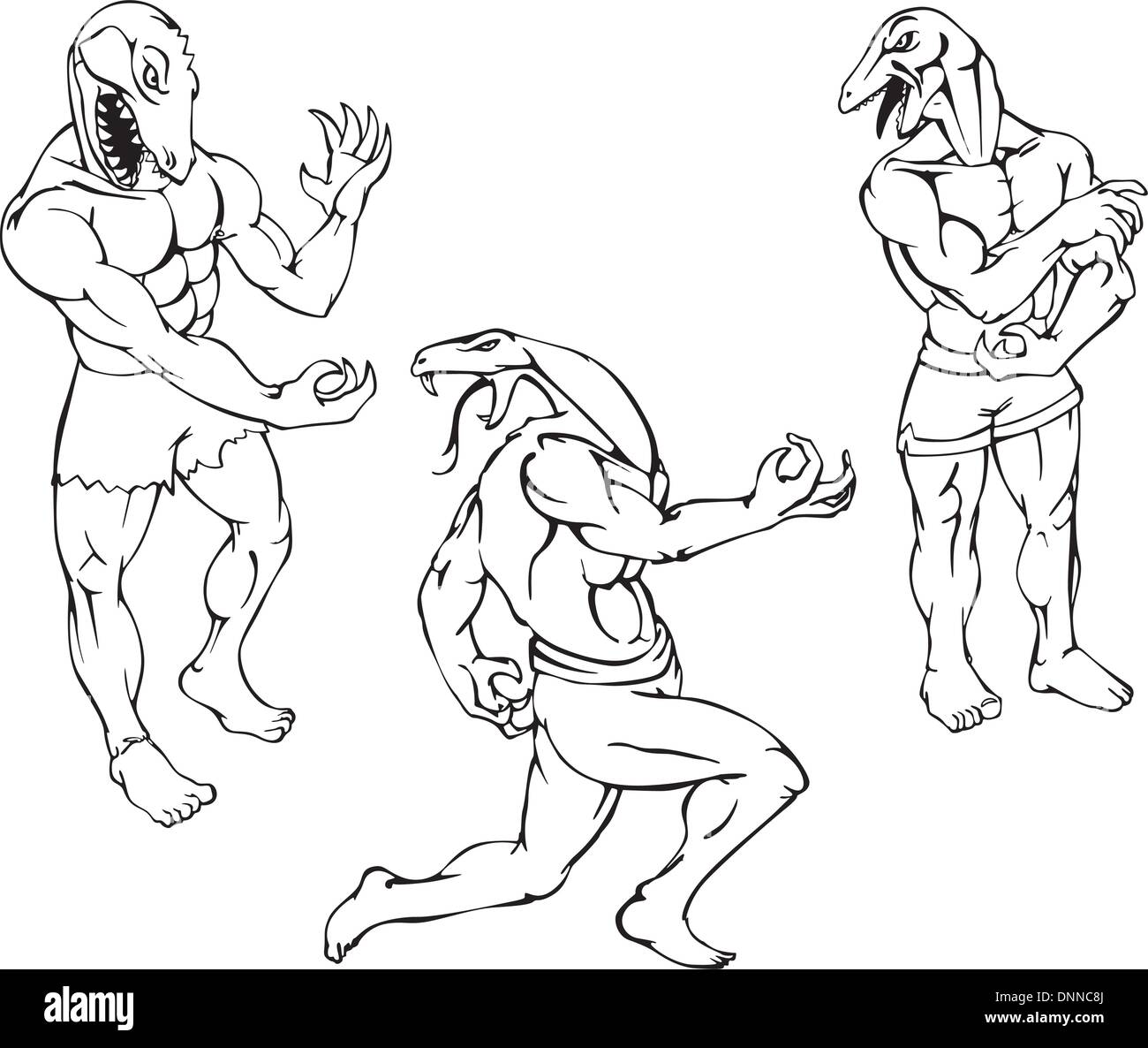 Mascottes de reptiles - Gator, lézard, cobra. Vector set. Caractères composés de corps humain et tête d'animal. Illustration de Vecteur