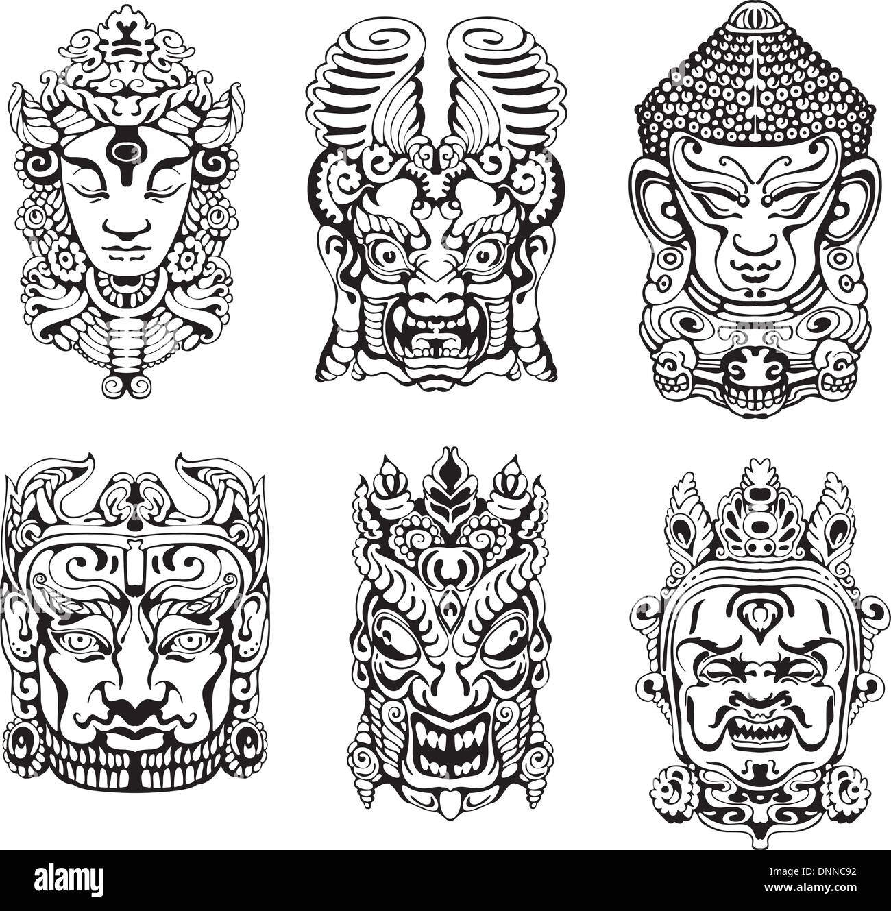 Dieu hindou de masques. Série d'illustrations vectorielles en noir et blanc. Illustration de Vecteur