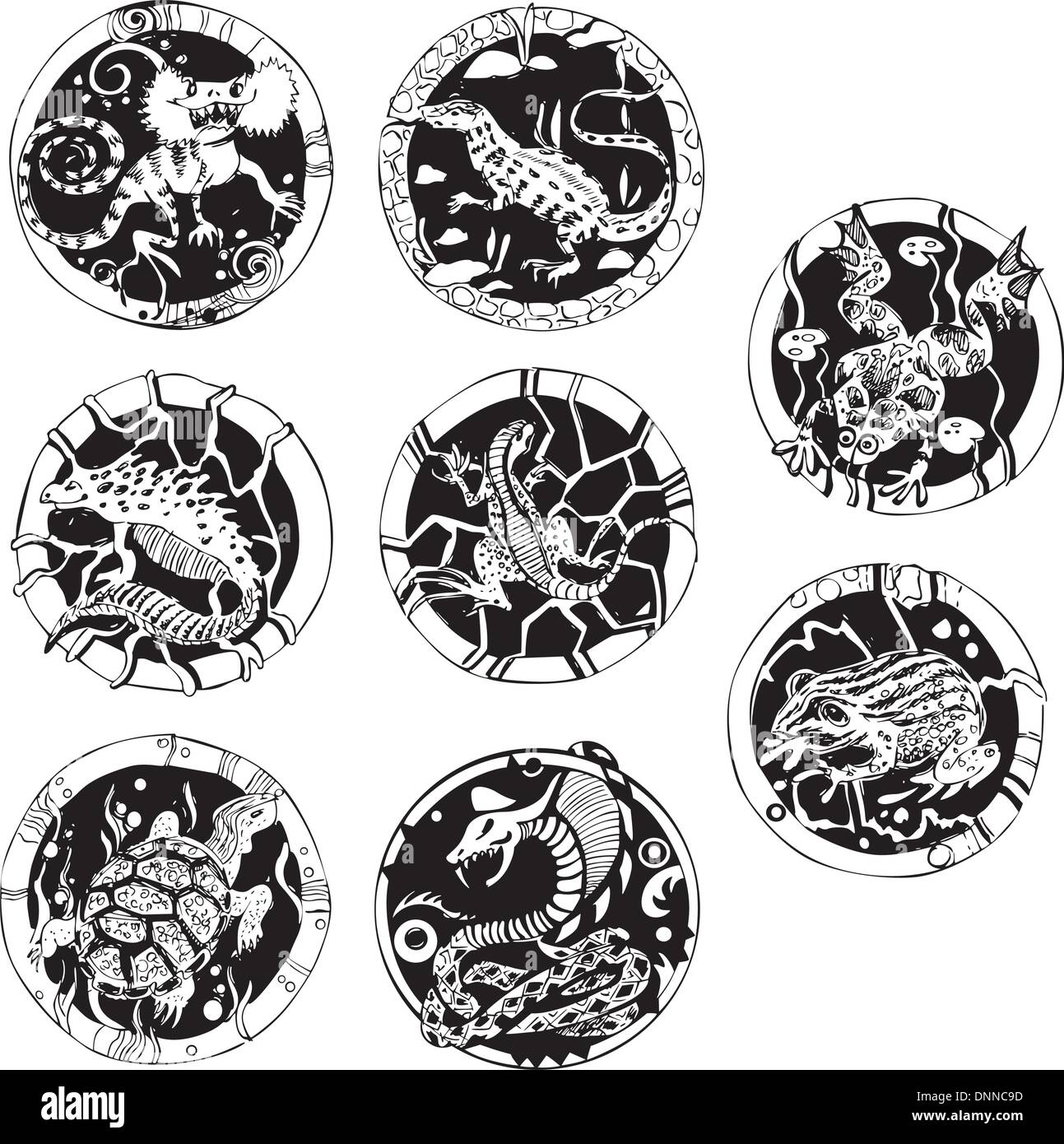Tatouages ronde avec des reptiles. Série d'illustrations vectorielles en noir et blanc. Illustration de Vecteur