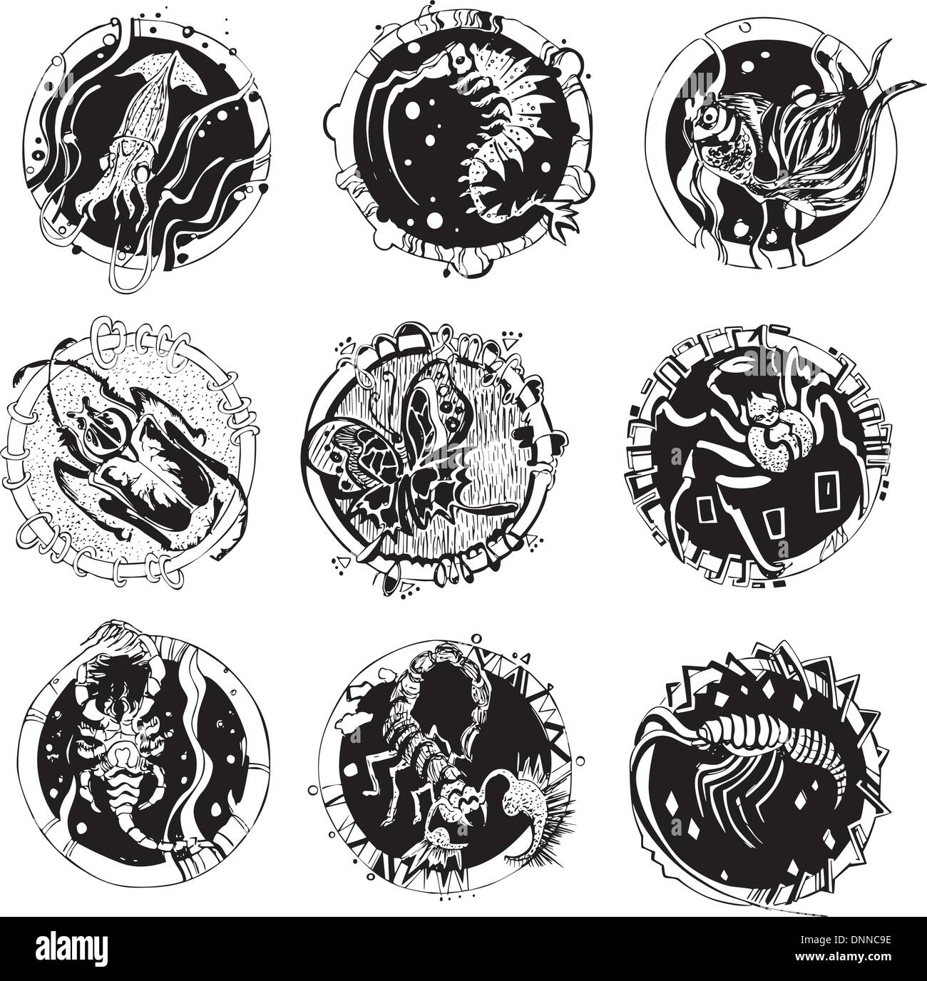 Tatouages ronde avec des animaux. Série d'illustrations vectorielles en noir et blanc. Illustration de Vecteur