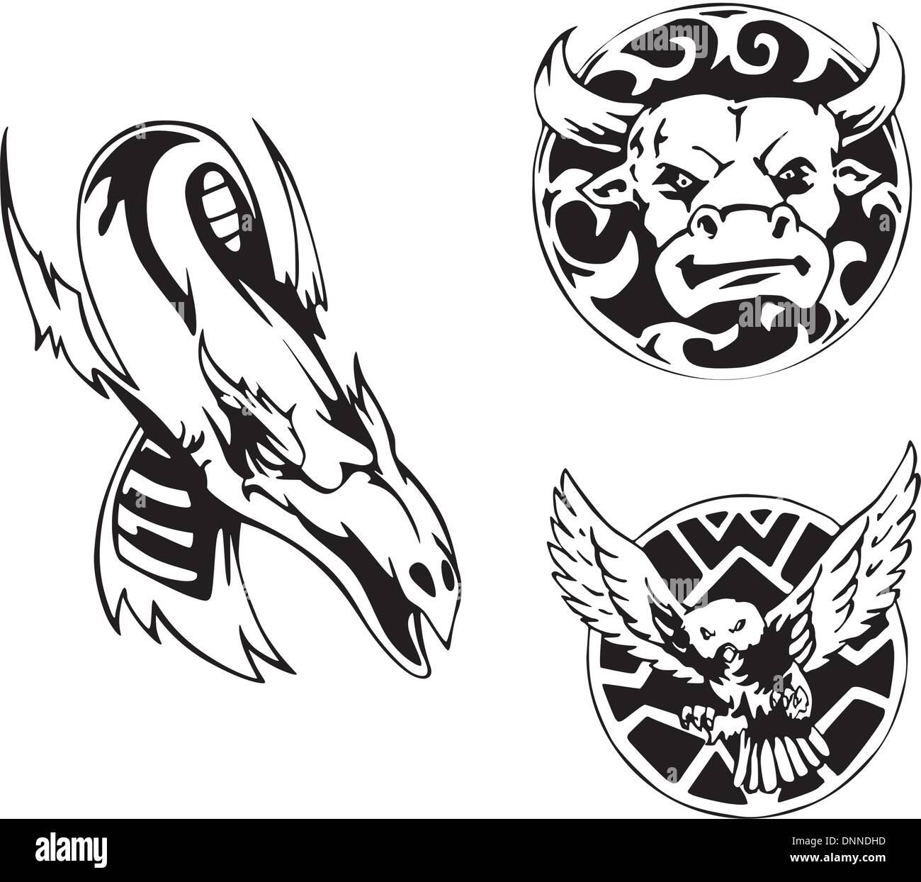 Trois motifs de tatouage animal avec Bull, dragon et Owl. Série d'illustrations vectorielles en noir et blanc. Illustration de Vecteur