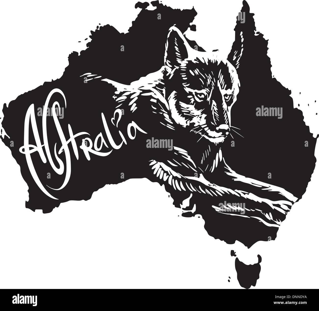 Dingo sur la carte de l'Australie. Vector illustration noir et blanc. Illustration de Vecteur