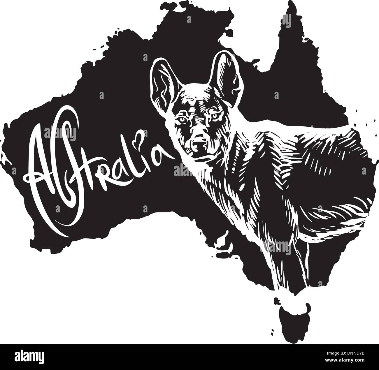 Dingo sur la carte de l'Australie. Vector illustration noir et blanc. Illustration de Vecteur