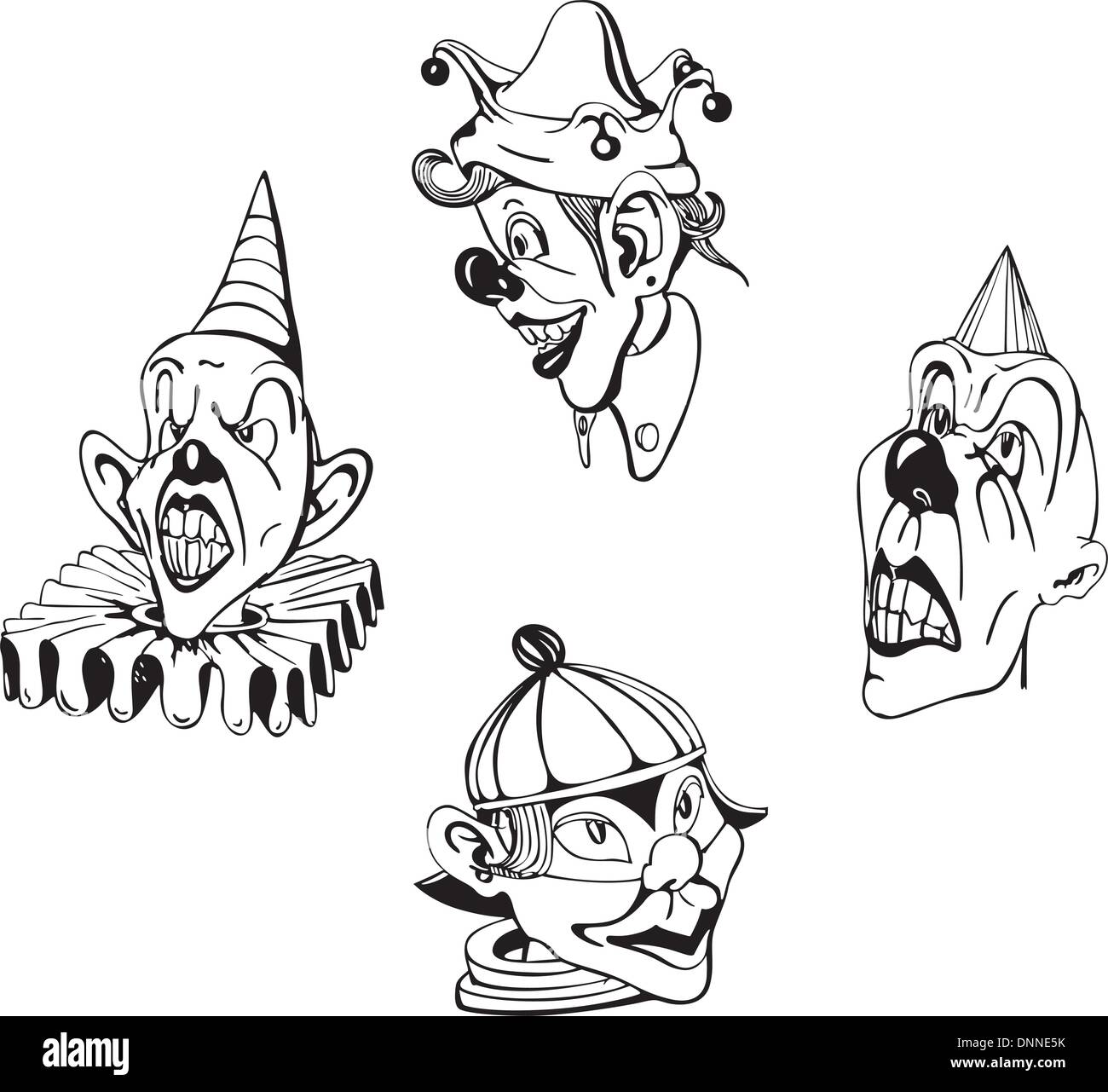 Quatre dessins de clown fou. EPS vinyl-ready illustrations, croquis en noir et blanc. Illustration de Vecteur