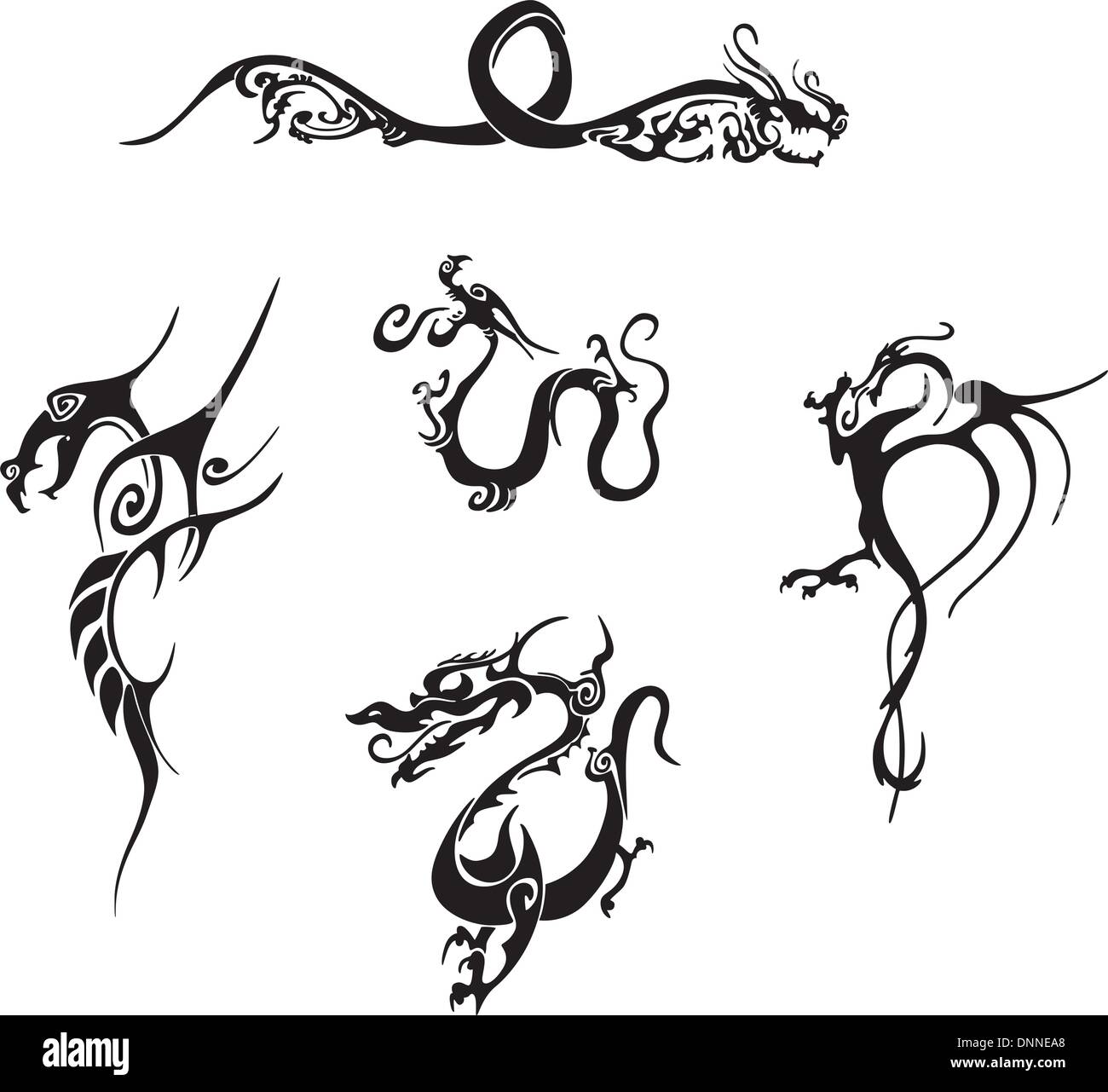 Cinq motifs de tatouage de dragon simple impressionnant. EPS vinyl-ready illustrations, croquis en noir et blanc. Illustration de Vecteur
