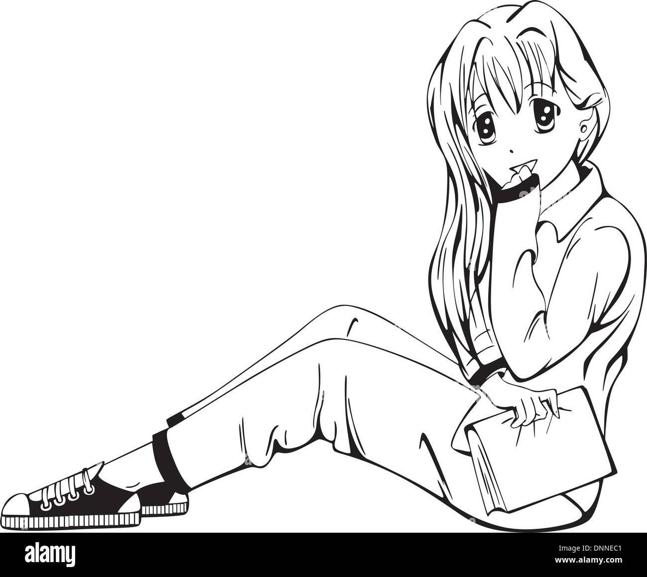 Anime girl sitting. Vector illustration noir et blanc. Illustration de Vecteur