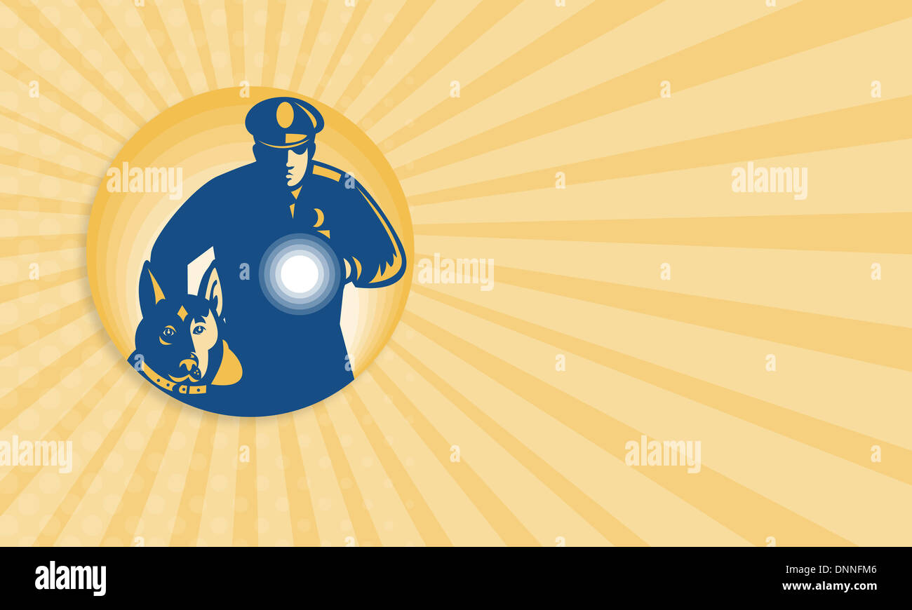 Modèle de carte d'affaires montrant l'illustration d'un garde de sécurité avec la police policier chien de protection et la lampe vers l'avant ensemble Banque D'Images