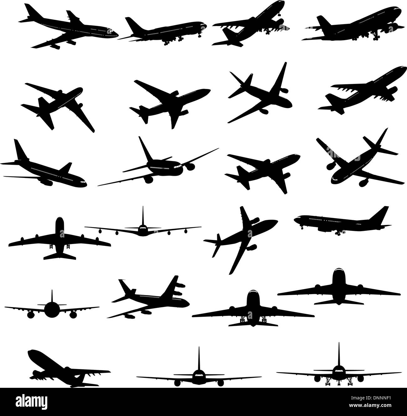 Grande collection de silhouettes d'avions différents. Illustration de Vecteur