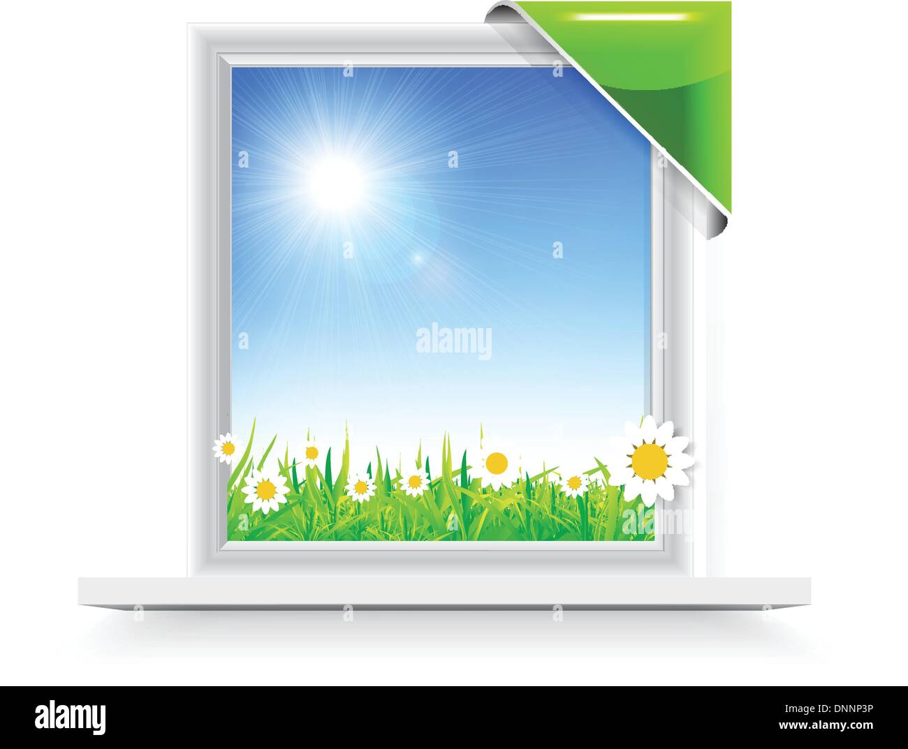 Fenêtre en plastique avec badge avec une vue sur le terrain de camomille Illustration de Vecteur