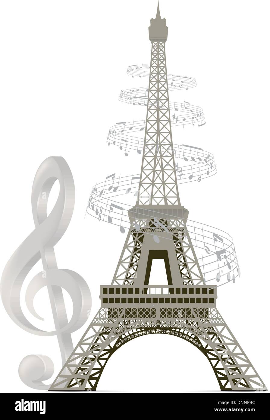 La Tour Eiffel avec des notes de musique et une clé de sol Illustration de Vecteur