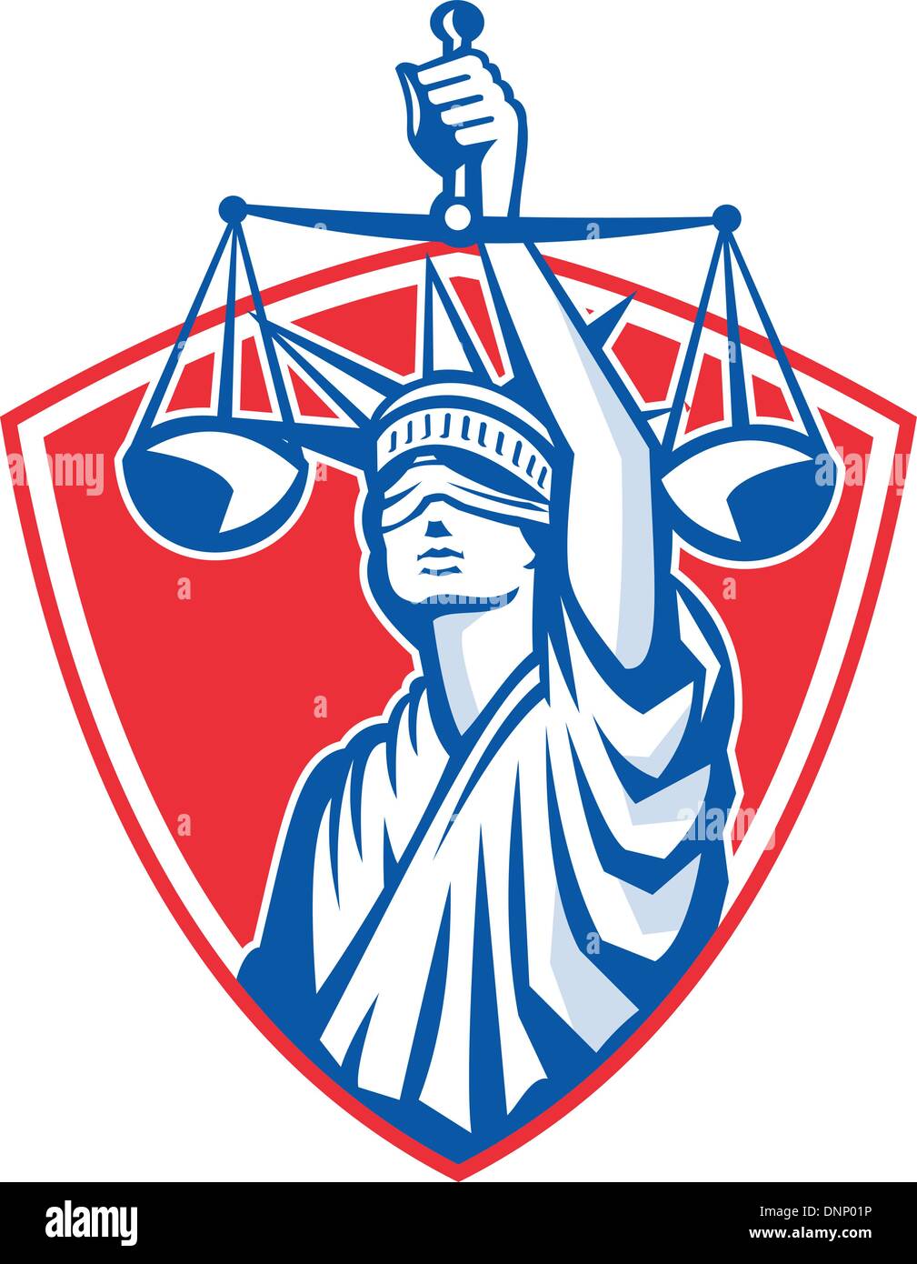 Illustration de lady statue de la liberté à bandeau de face tenant une balance de la justice a l'intérieur du bouclier crest isolées sur fond blanc. Illustration de Vecteur