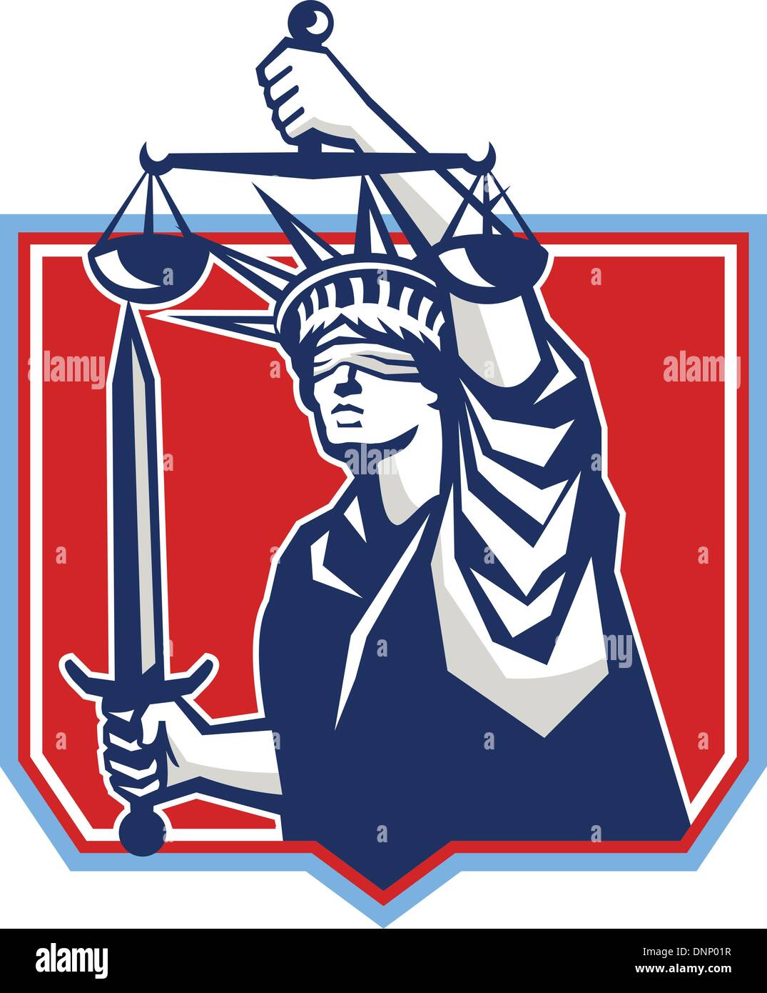 Illustration de lady statue de la liberté à bandeau de face tenant une balance de la justice et brandissant épée situé à l''intérieur crest protection sur fond blanc isolé. Illustration de Vecteur