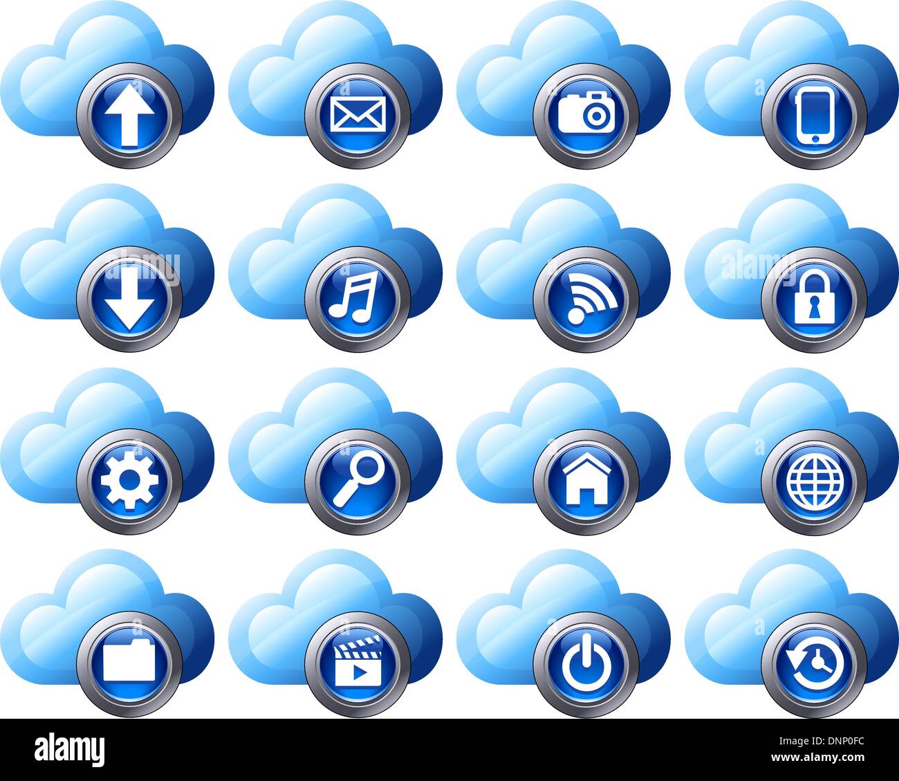 Icônes cloud virtuel charger, télécharger, dossiers, images, films, vidéos, musique, e-mail, téléphone, connexion, de sauvegarde et de restauration Illustration de Vecteur