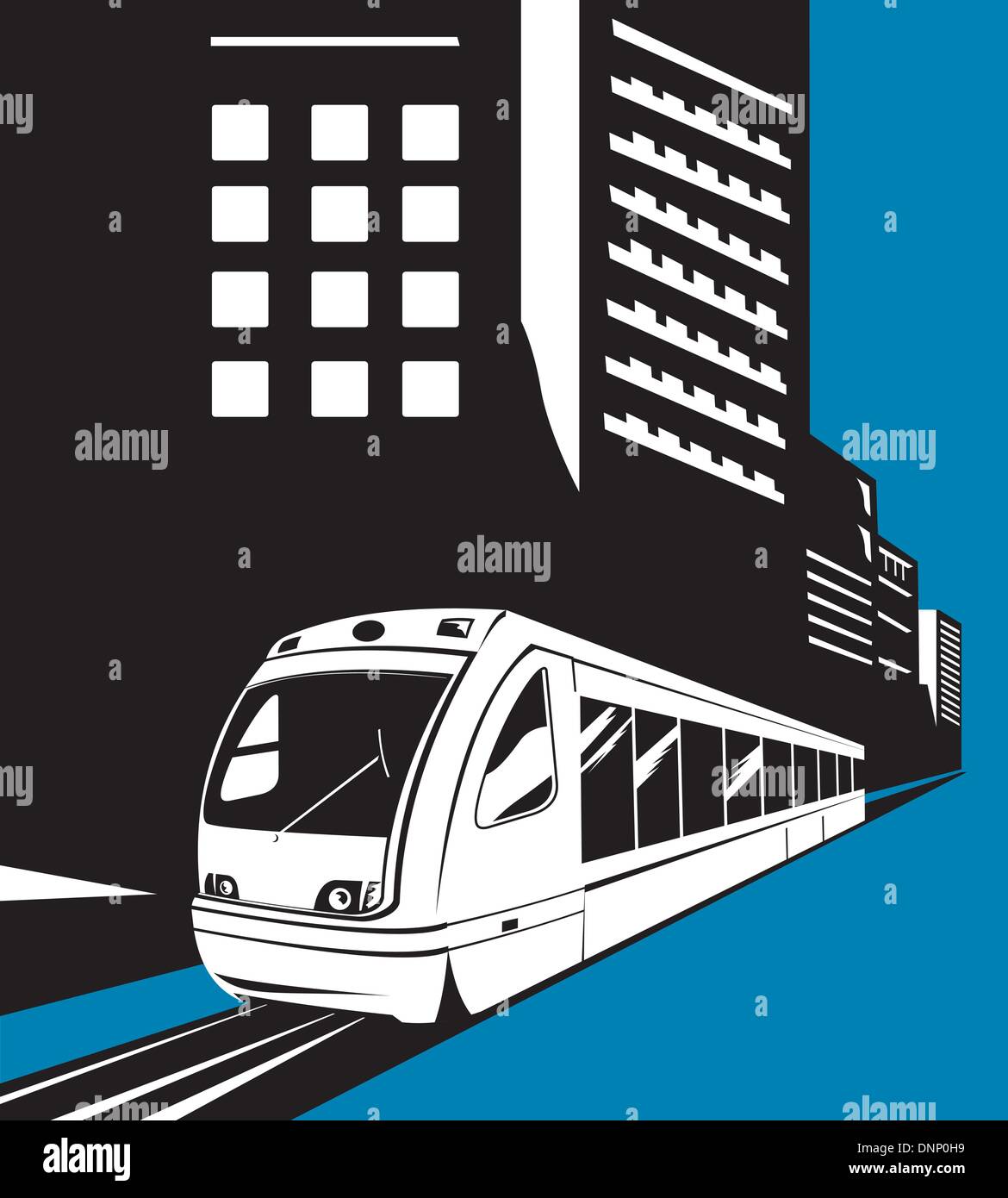 Illustration du train monorail électrique-locomotive avec bâtiments en arrière-plan fait dans le style rétro sur fond isolé Illustration de Vecteur