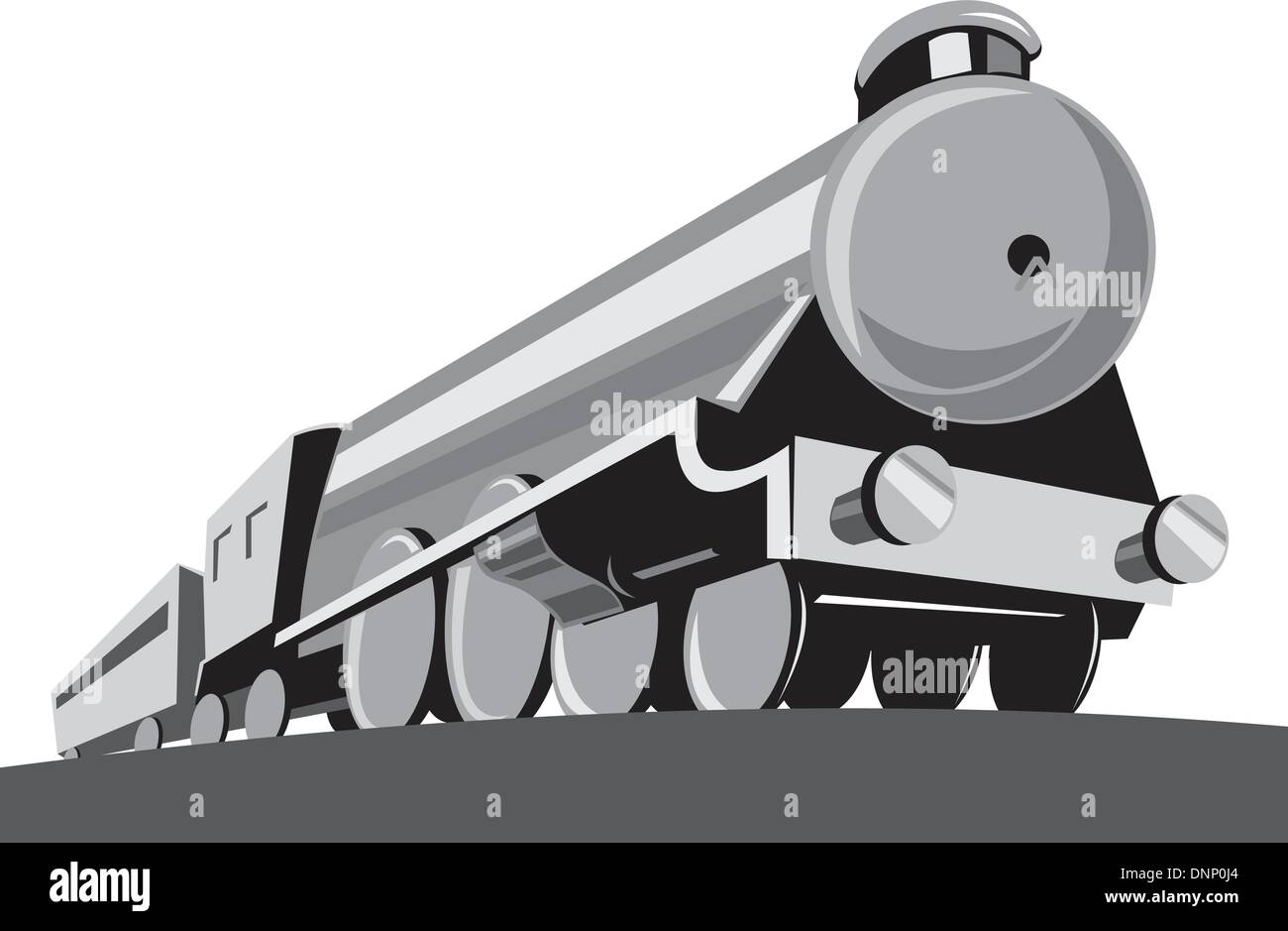 Illustration d'un train à vapeur locomotive vue depuis un angle bas fait en style retro isolées sur fond blanc. Illustration de Vecteur