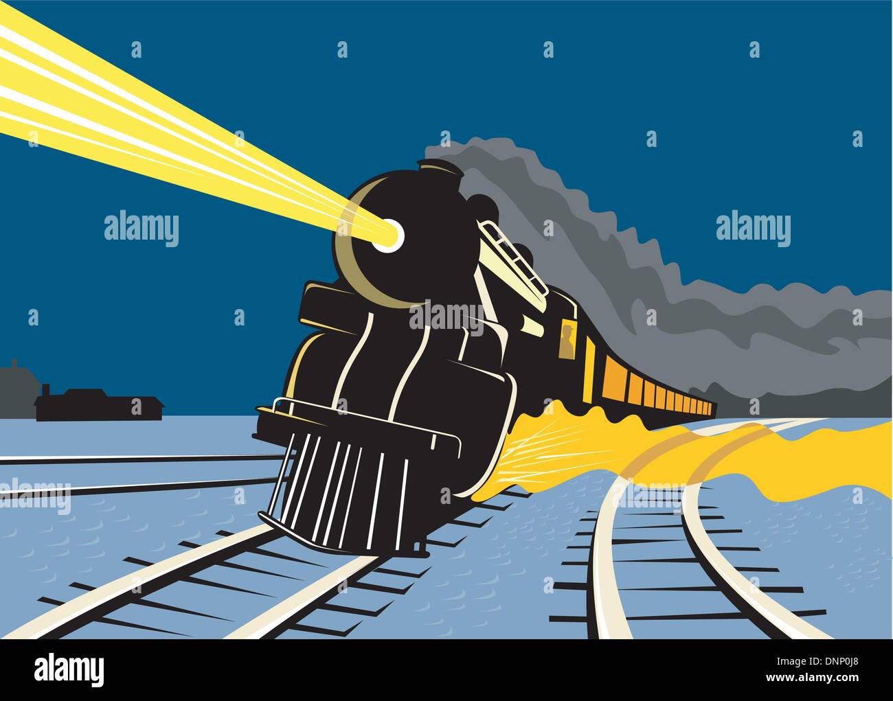 Illustration d'une locomotive à vapeur à venir sur railroad avec croisement fait dans le style rétro sur fond isolé. Illustration de Vecteur