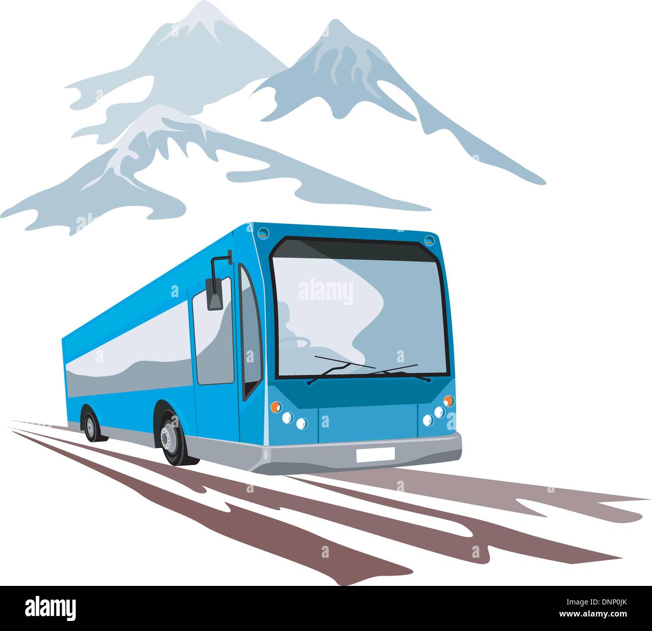 Illustration d'une navette bus autocar avec des montagnes en arrière-plan sur fond isolé. Illustration de Vecteur