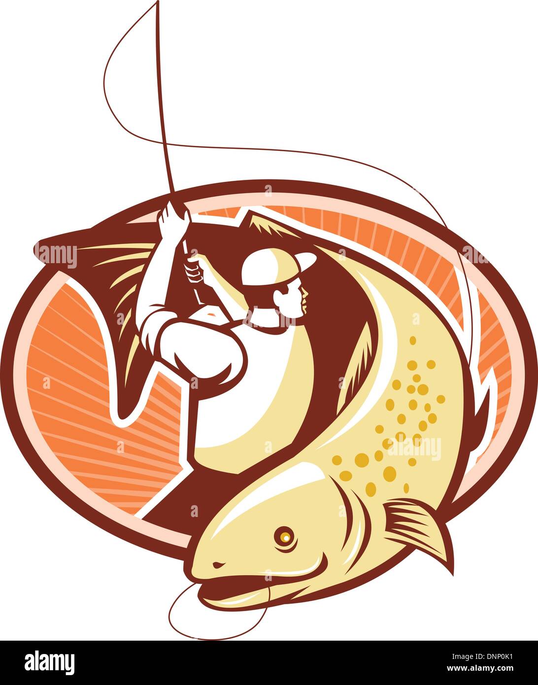 Illustration d'un pêcheur de mouche canne et moulinet casting choc et rassembler une truite poisson fait en style retro Illustration de Vecteur