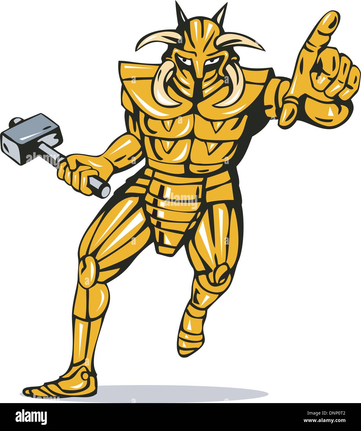 Illustration d'une armure de chevalier vilain alien monster tenant un marteau avec doigt pointant isolé sur fond blanc fait dans Illustration de Vecteur