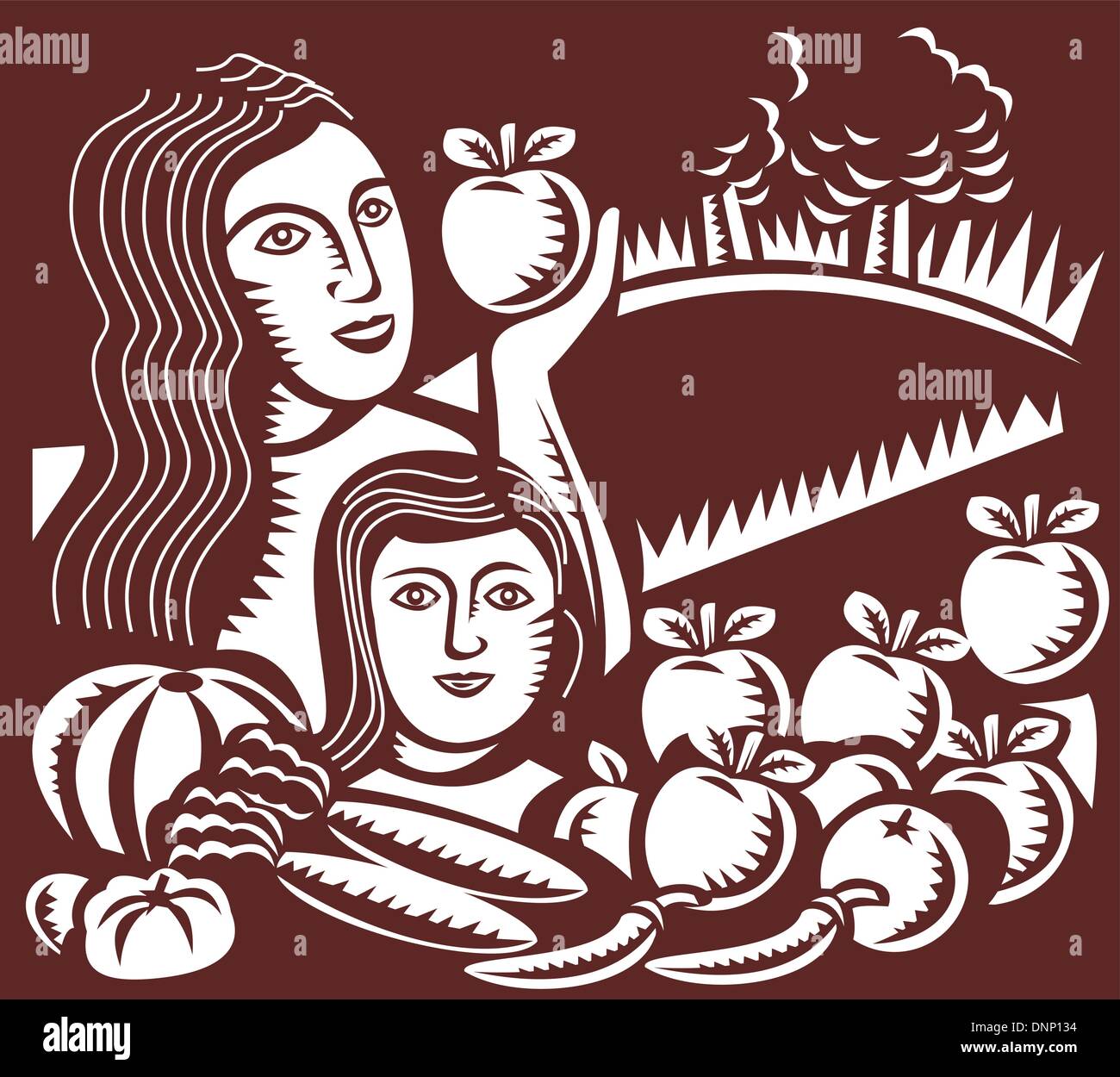Illustration d'une femme tenant une pomme de la Mère avec enfant fille regardant les fruits et légumes fait en rétro style gravure sur bois Illustration de Vecteur