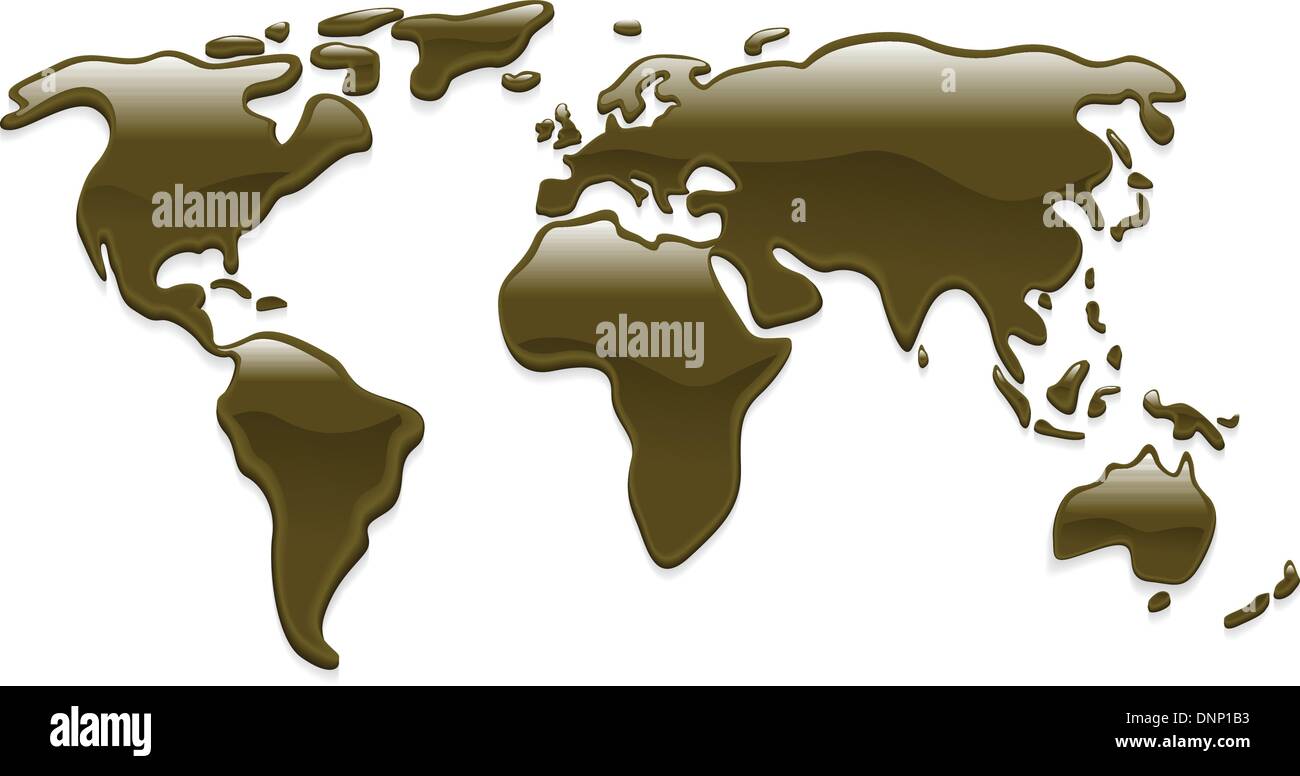 Une carte du monde avec des gouttelettes de pétrole brut formant les continents Illustration de Vecteur