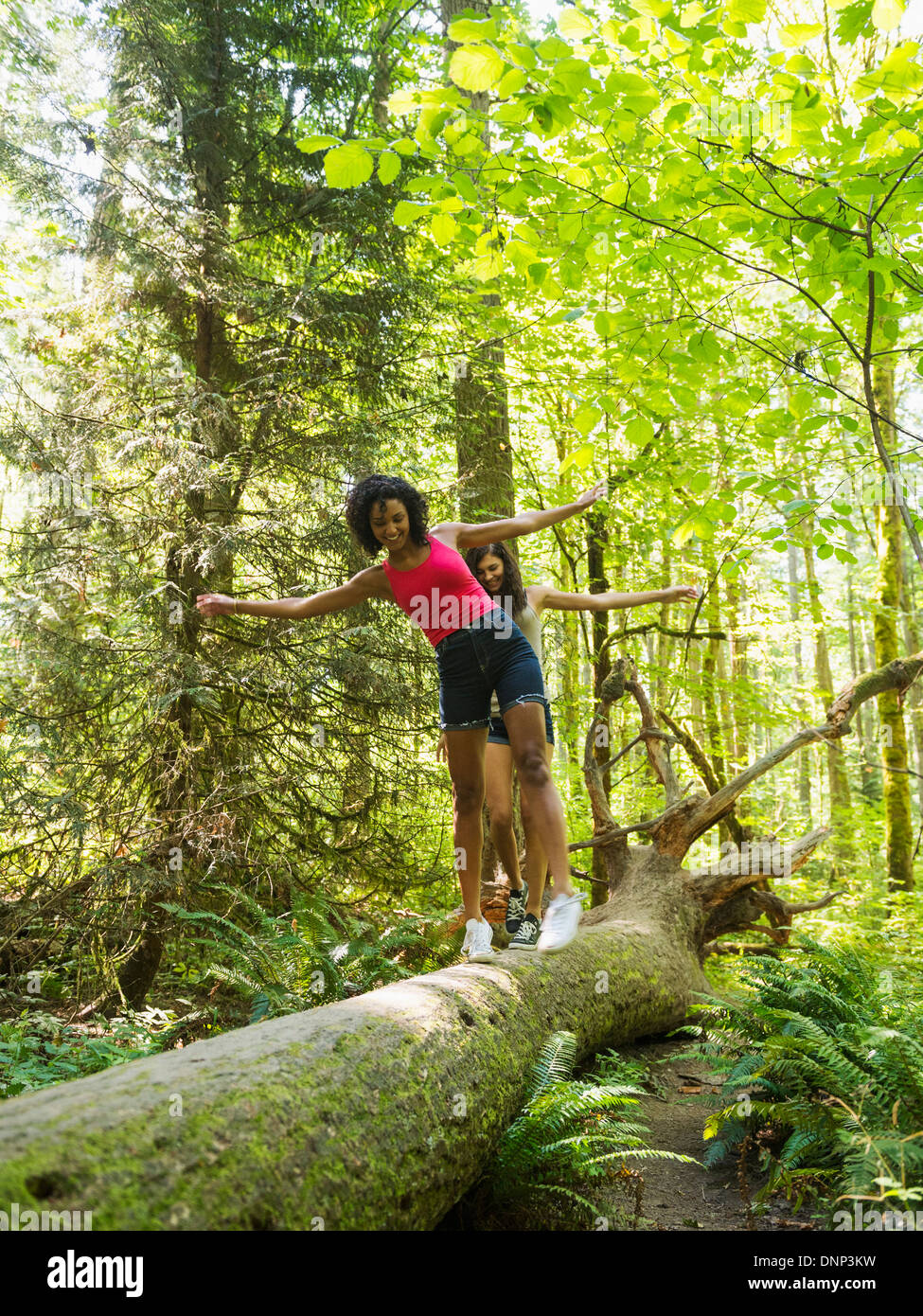 USA (Oregon, Portland, deux jeunes femmes marchant sur log in forest Banque D'Images