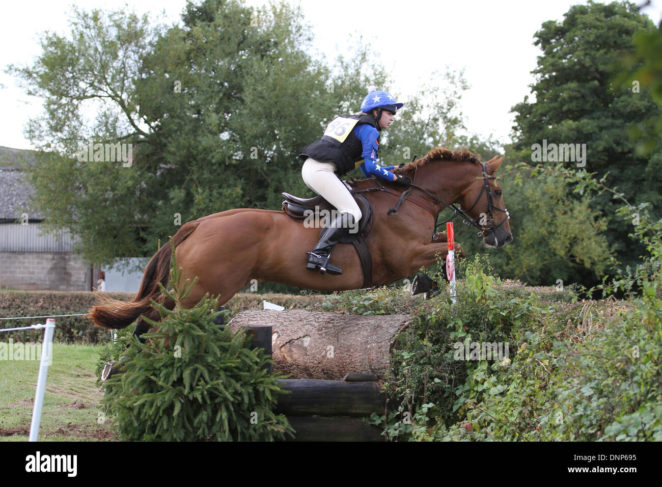 Cheval et cavalier sautant une clôture pendant la phase de cross-country d'un événement d'une journée Banque D'Images