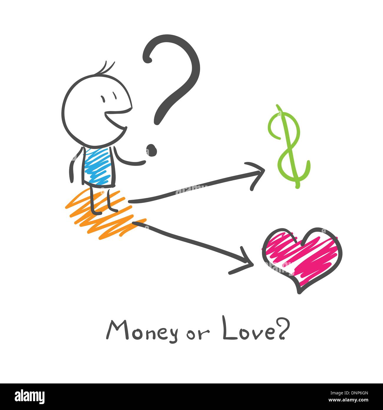 Un homme choisit l'argent ou l'amour ? Illustration de Vecteur