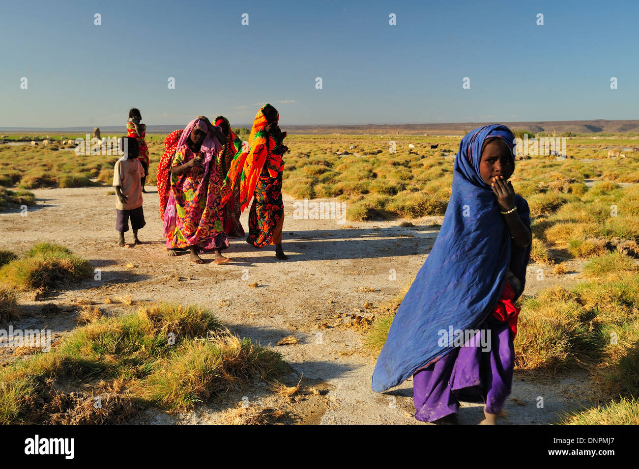 Loin d'adolescents marcher dans l'herbe dans le lac Abbe à Djibouti, Corne de l'Afrique Banque D'Images