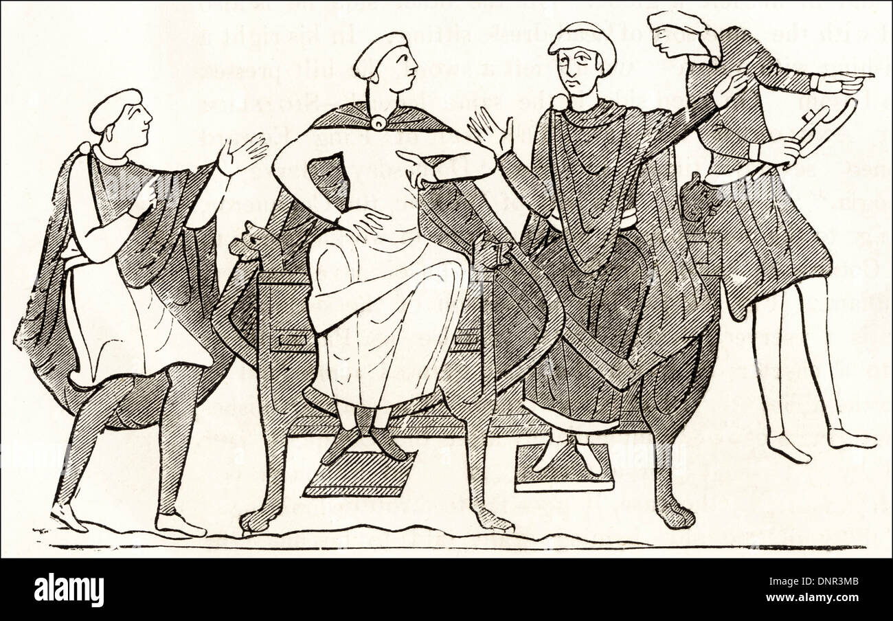 Guillaume duc de Normandie donnant des ordres pour la construction de navires pour l'invasion de l'Angleterre à partir de la Tapisserie de Bayeux. Circa 1845 gravure sur bois de l'époque victorienne. Banque D'Images