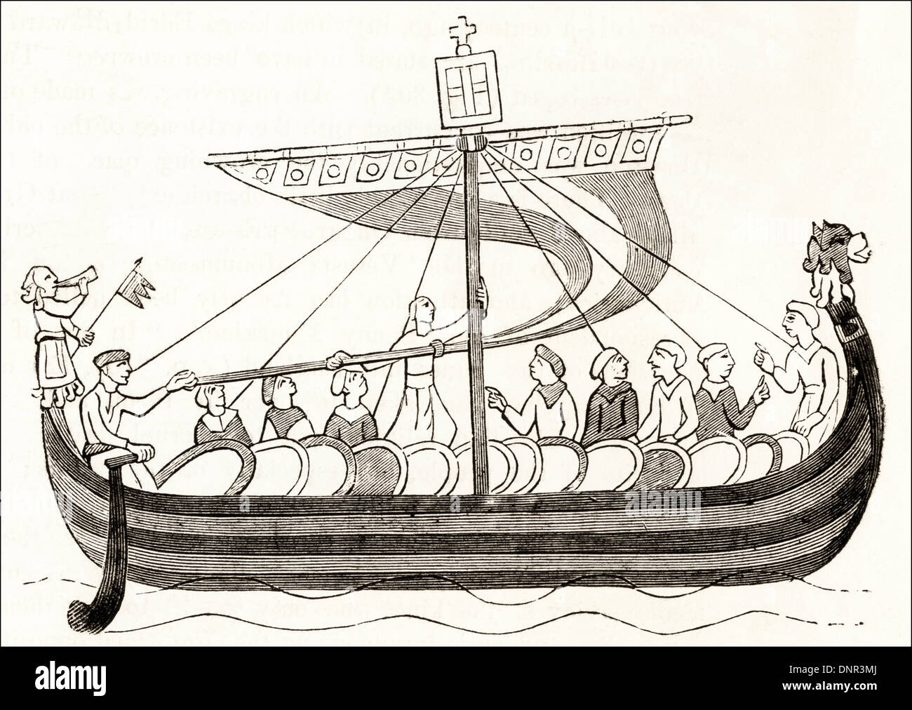 Navire de la flotte de Guillaume duc de Normandie transportant des troupes pour l'invasion de l'Angleterre à partir de la Tapisserie de Bayeux. Circa 1845 gravure sur bois de l'époque victorienne. Banque D'Images