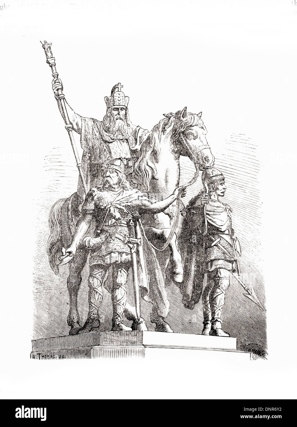 Statue équestre de Charlemagne - la gravure XIX ème siècle Banque D'Images