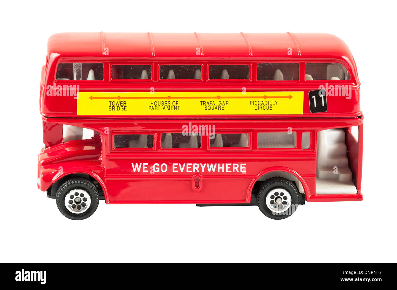 Modèle jouet de red double decker bus Londres isolé sur fond blanc avec clipping path Banque D'Images