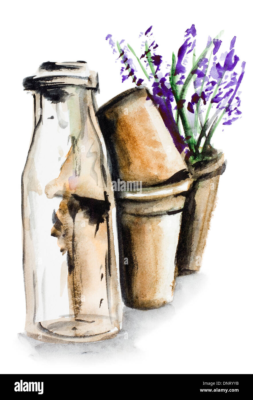 Printemps - sale temps jacinthes bleues concept. L'art fait main aquarelle peint illustré. Banque D'Images