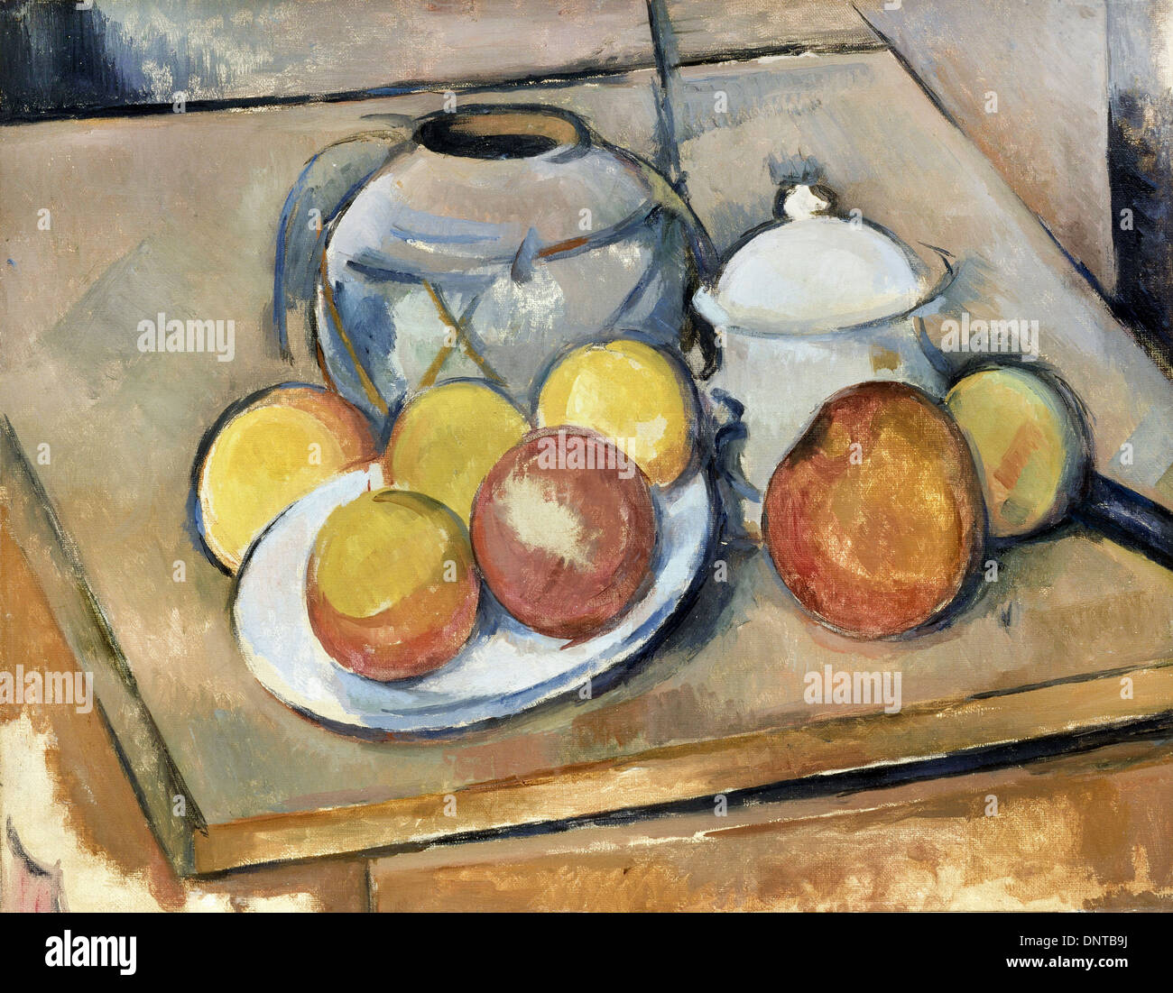 Paul Cezanne, Straw-Trimmed Vase, bol de sucre et les pommes 1890-1893 Huile sur toile. Musée de l'Orangerie, Paris, France. Banque D'Images