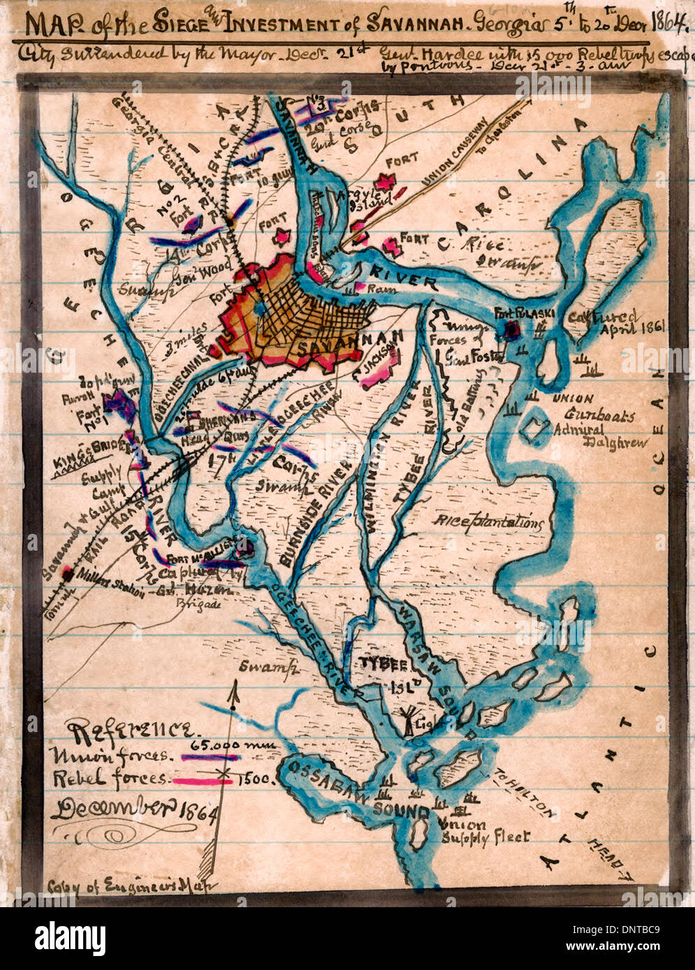 Site du siège et de l'investissement de Savannah, Géorgie, 5 au 20 décembre 1864. Guerre civile USA Banque D'Images