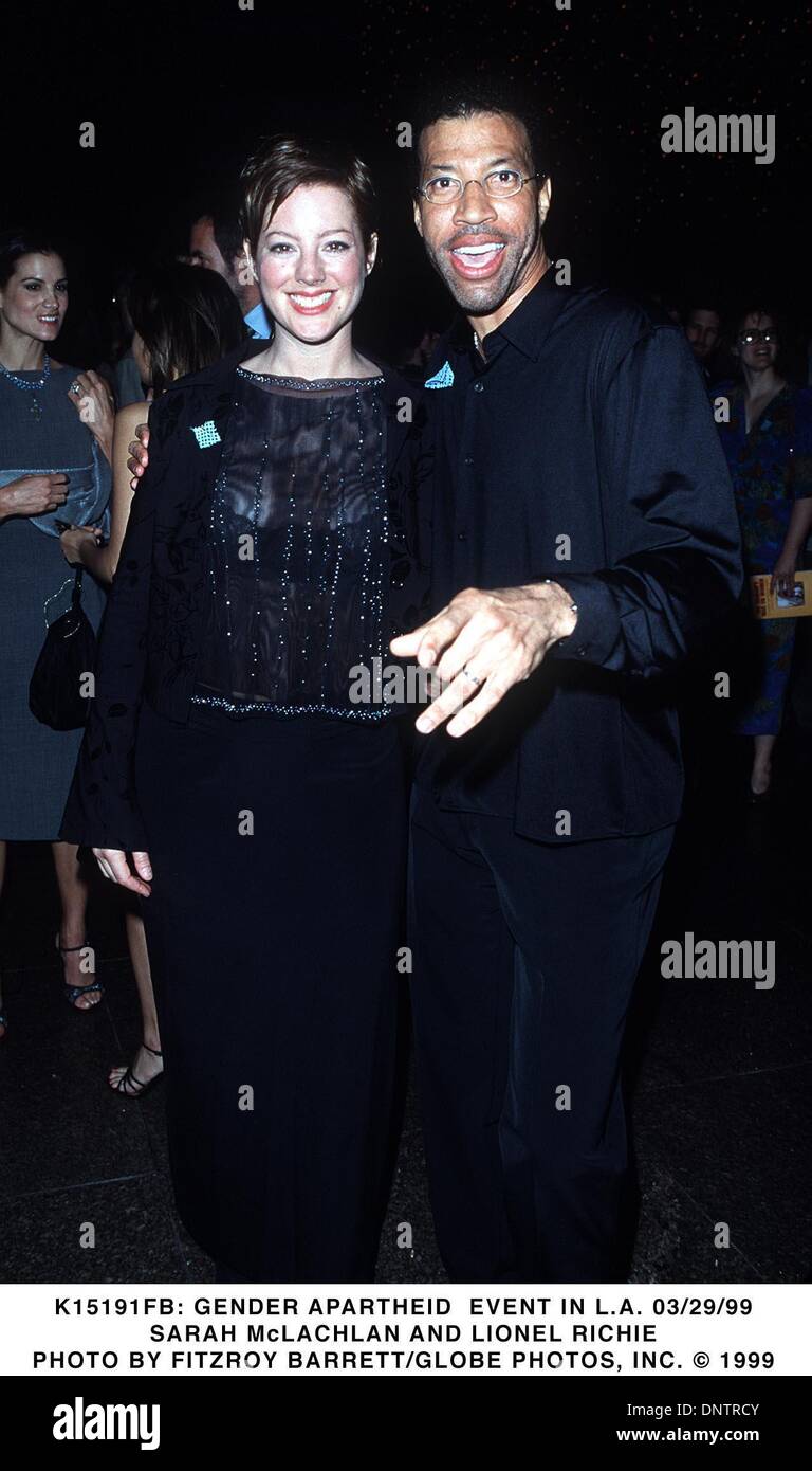 Mar. 29, 1999 - K15191FB 03/29/99.L'événement de l'apartheid à L.A..SARAH McLACHLAN et Lionel Richie. FITZROY BARRETT/(1999 Image Crédit : © Globe Photos/ZUMAPRESS.com) Banque D'Images